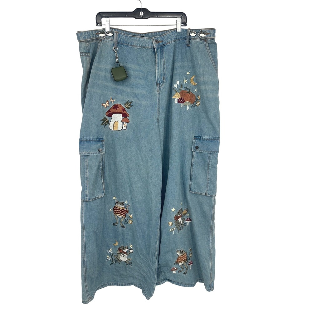 Hot Topic Jeans Womens 3X Frog Mushroom Embroidered Wide Leg Cargo Goblincore